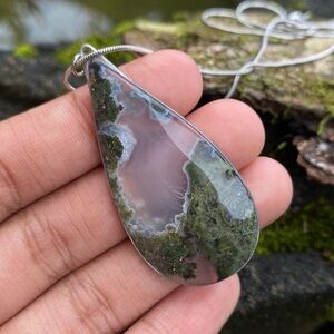 Teardrop Moss Agate Necklace: Stainless Steel Wire Wrapped Pendant